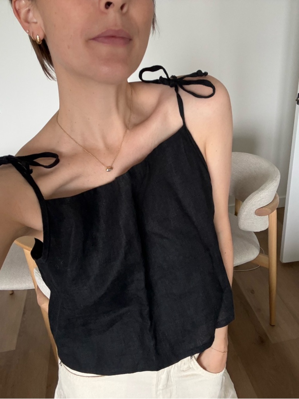 Black Tie-Shoulder Linen Tank Top
